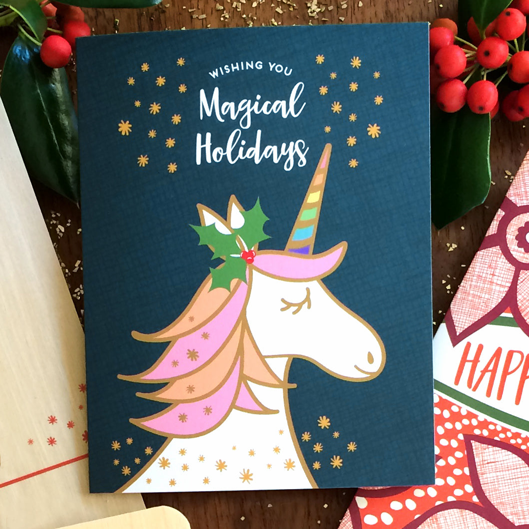 Magical Unicorn Blue Holiday Card