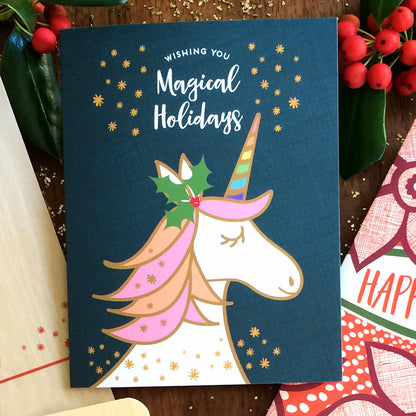 Magical Unicorn Blue Holiday Card