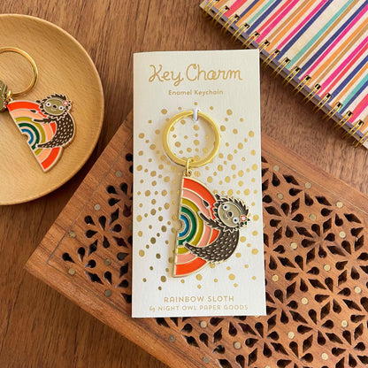 Rainbow Sloth Enamel Keychain
