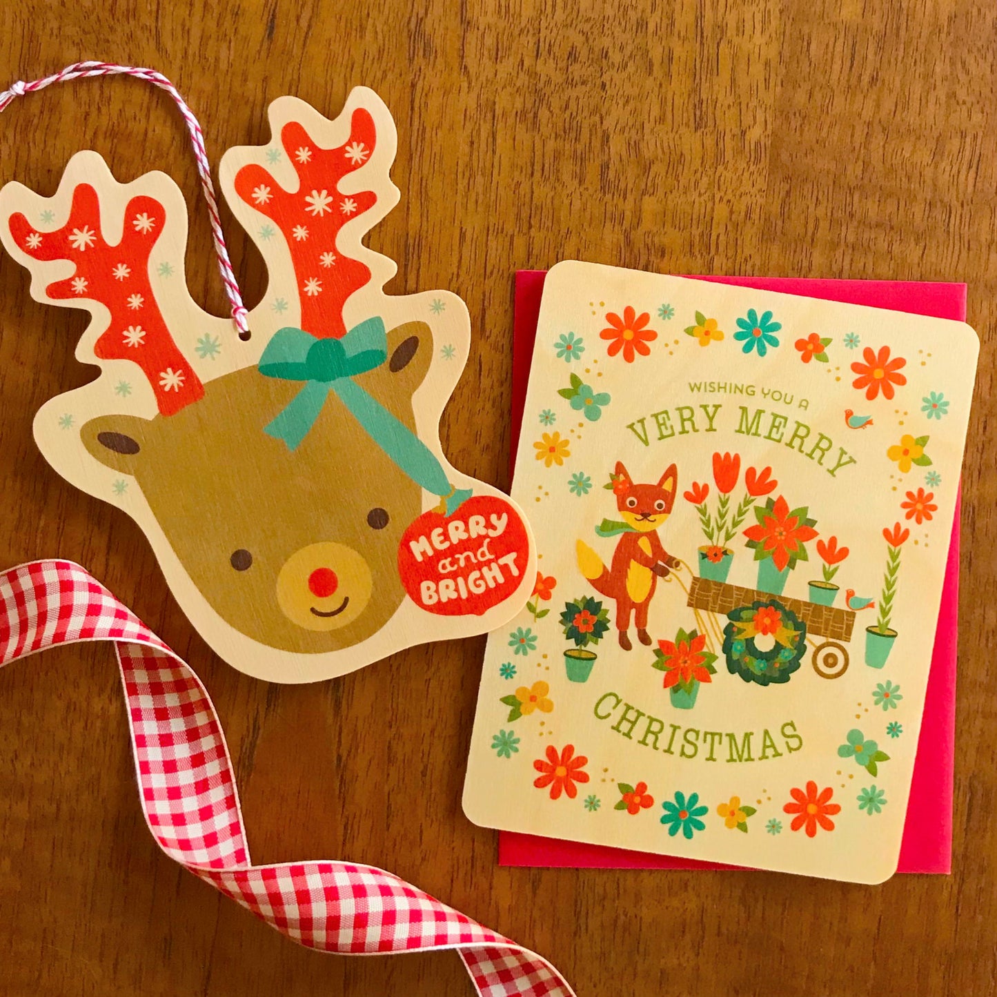 Bright Reindeer Wood Holiday Card & Ornament
