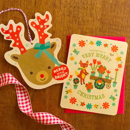 Bright Reindeer Wood Holiday Card & Ornament