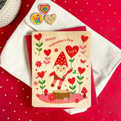 Valentine Gnome Wood Valentine's Day Card