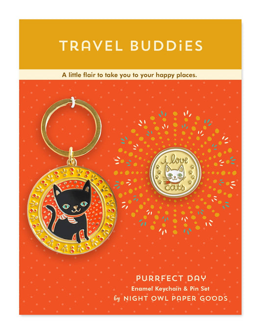 Purrfect Day Travel Buddies Keychain + Pin Gift Set
