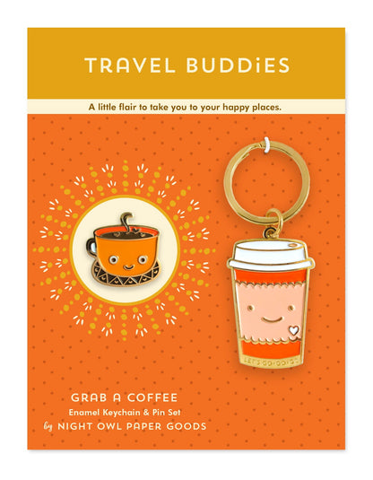 Grab a Coffee Travel Buddies Keychain + Pin Gift Set