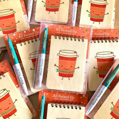 All Perked Up Wood Mini Notepad + Pen Gift Set