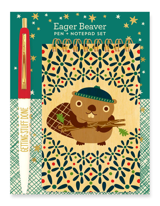 Eager Beaver Wood Mini Notepad + Pen Gift Set