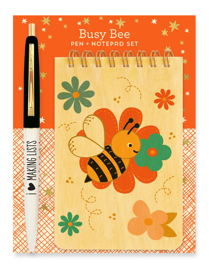 Busy Bee Wood Mini Notepad + Pen Gift Set