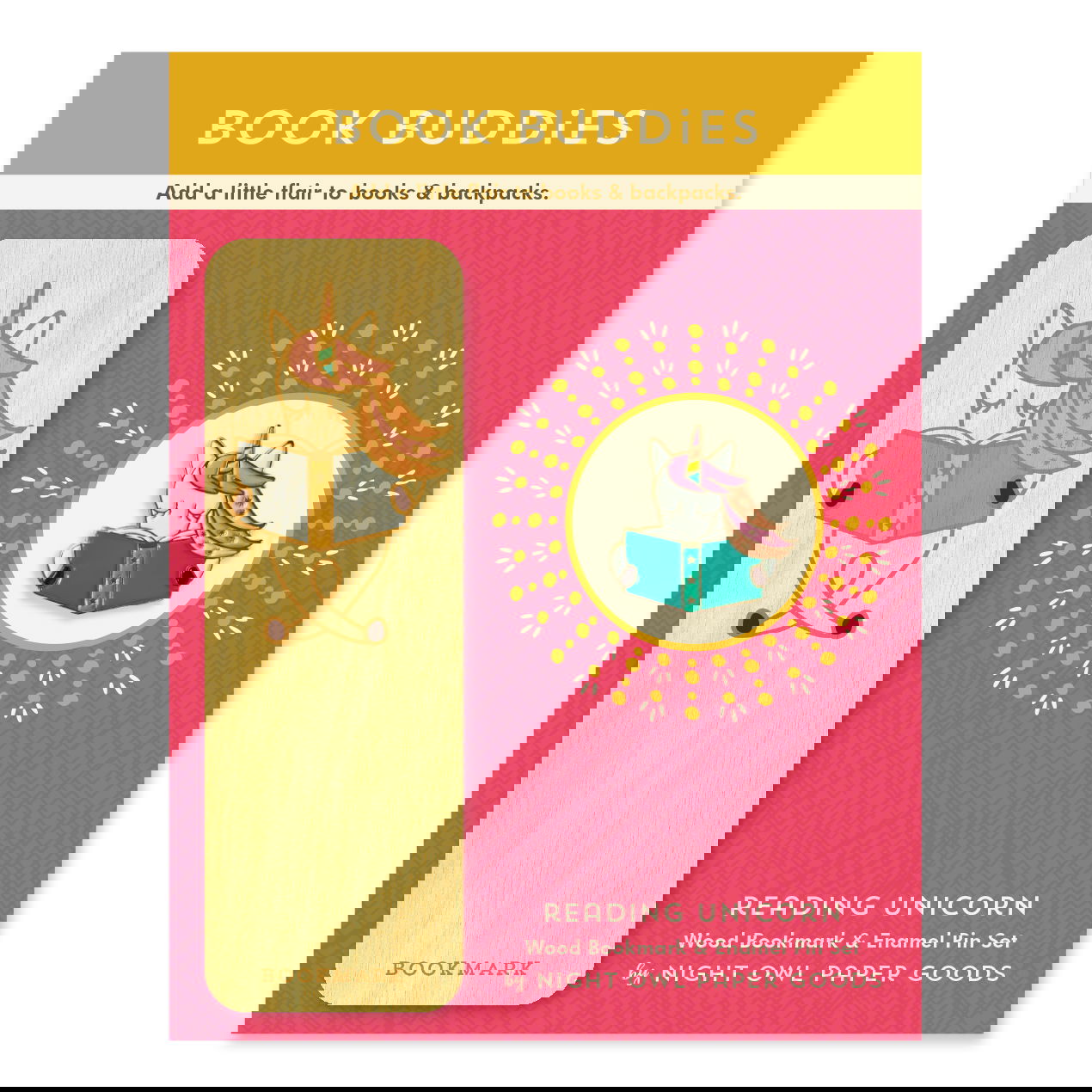 Reading Unicorn Book Buddies Wood Mini Bookmark + Pin Gift Set