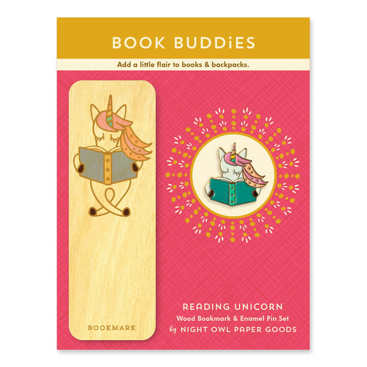 Reading Unicorn Book Buddies Wood Mini Bookmark + Pin Gift Set