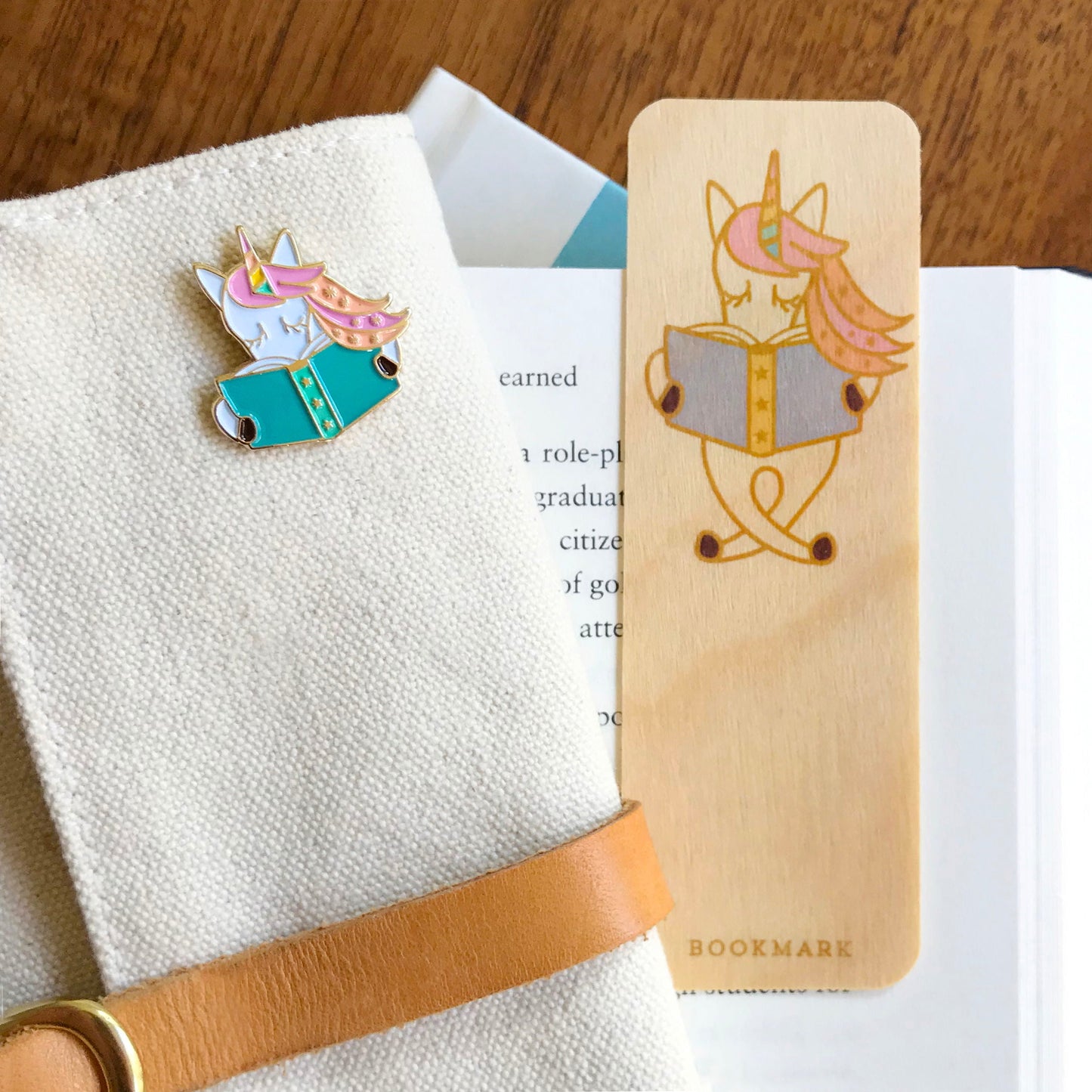 Reading Unicorn Book Buddies Wood Mini Bookmark + Pin Gift Set