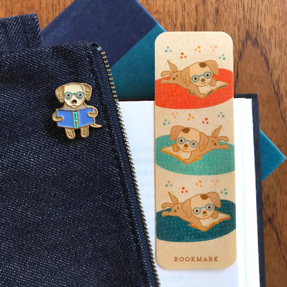 Reading Retriever Book Buddies Wood Mini Bookmark + Pin Gift Set