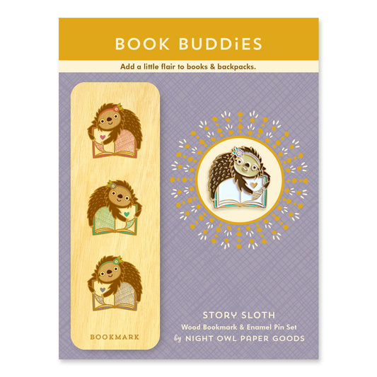 Story Sloth Book Buddies Wood Mini Bookmark + Pin Gift Set