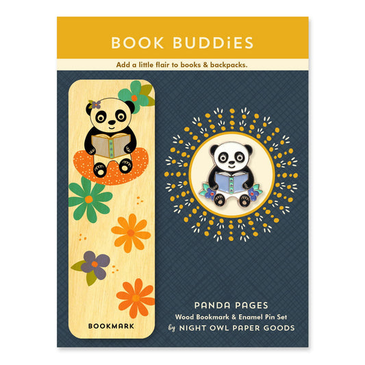 Panda Pages Book Buddies Wood Mini Bookmark + Pin Gift Set