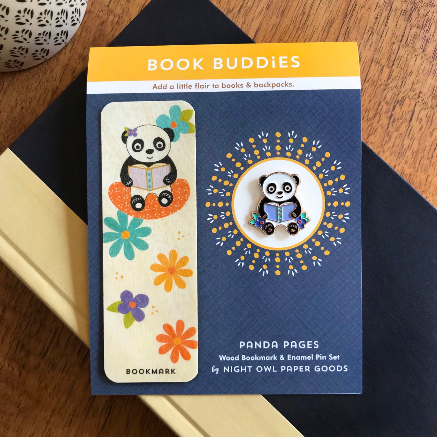 Panda Pages Book Buddies Wood Mini Bookmark + Pin Gift Set
