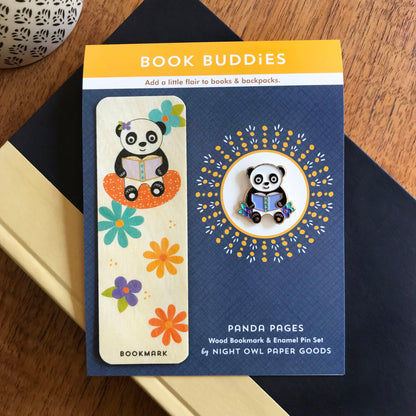 Panda Pages Book Buddies Wood Mini Bookmark + Pin Gift Set