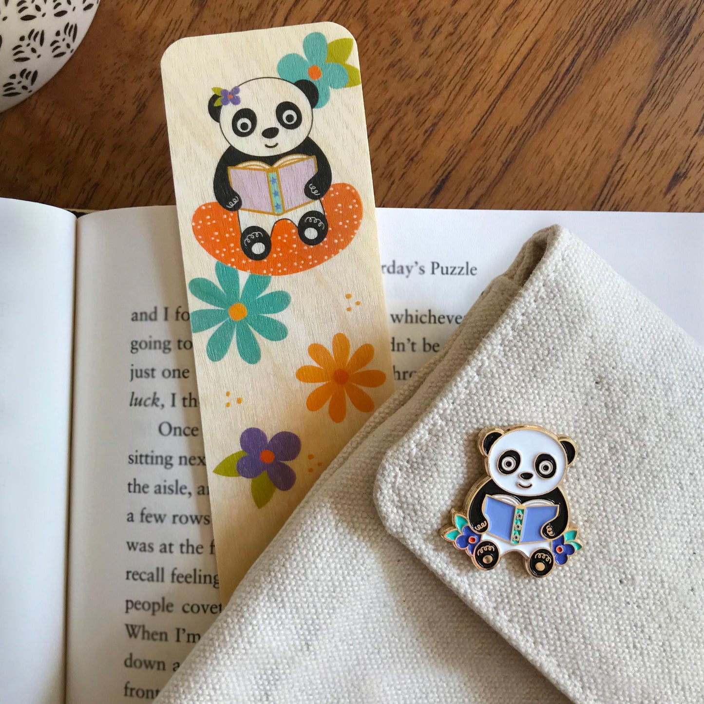 Panda Pages Book Buddies Wood Mini Bookmark + Pin Gift Set