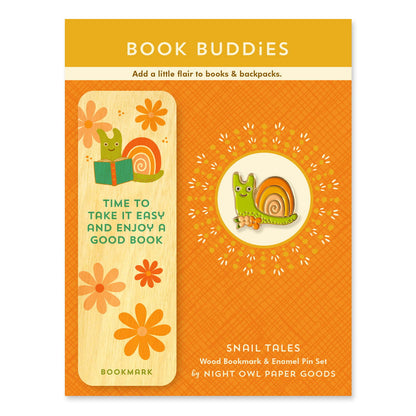 Snail Tales Book Buddies Wood Mini Bookmark + Pin Gift Set