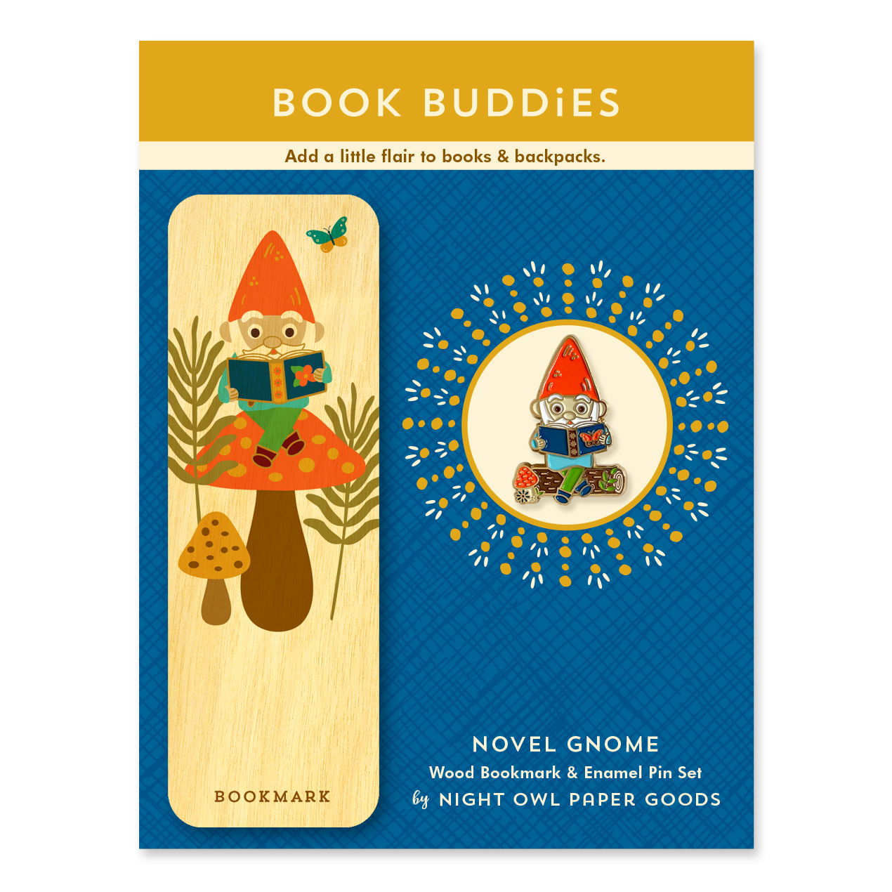 Novel Gnome Book Buddies Wood Mini Bookmark + Pin Gift Set