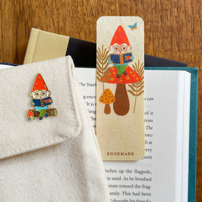 Novel Gnome Book Buddies Wood Mini Bookmark + Pin Gift Set