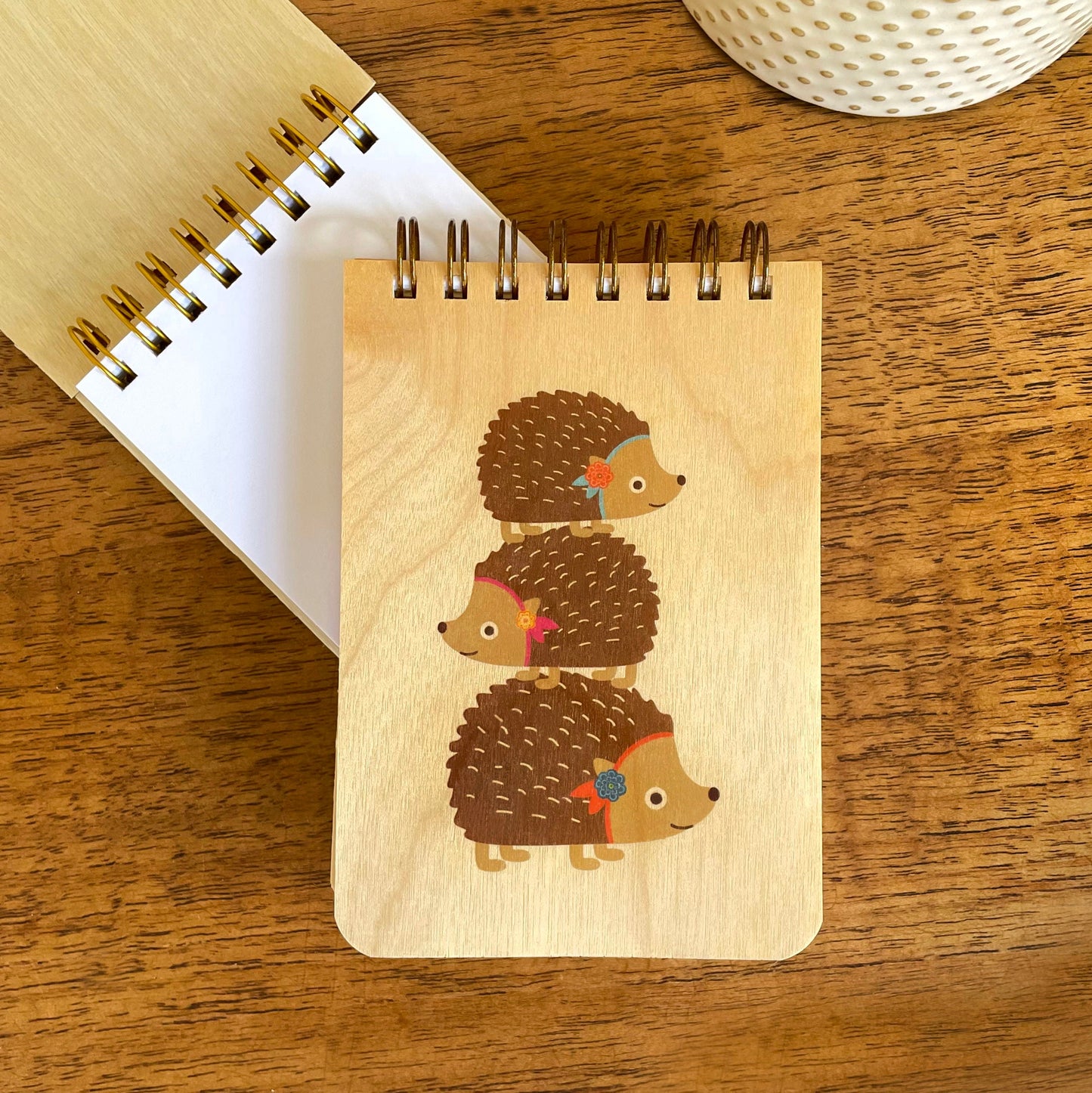 Stacked Hedgehogs Wood Mini Notepad