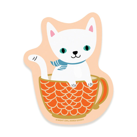 Cuppa Cat White Vinyl Sticker