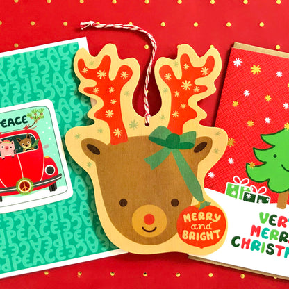 Bright Reindeer Wood Holiday Card & Ornament