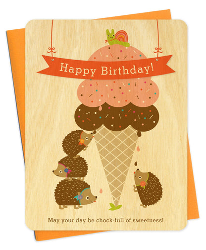 Hedgie Ice Cream Wood Birthday Card