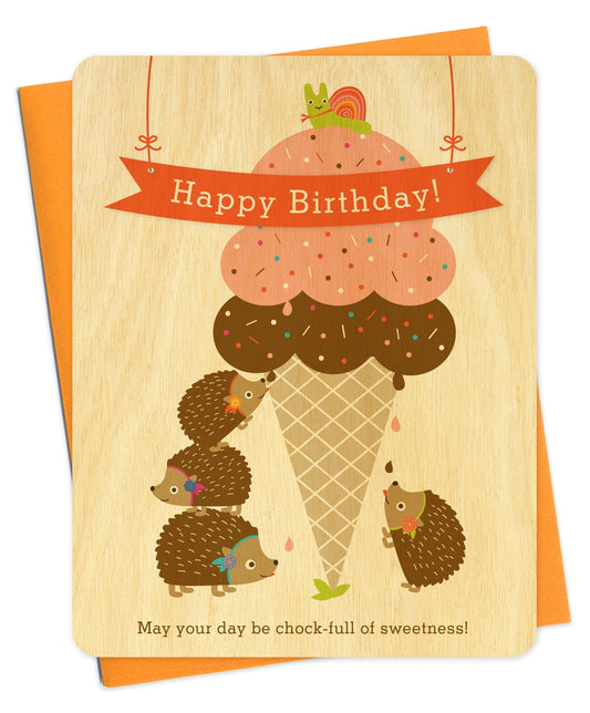 Hedgie Ice Cream Wood Birthday Card