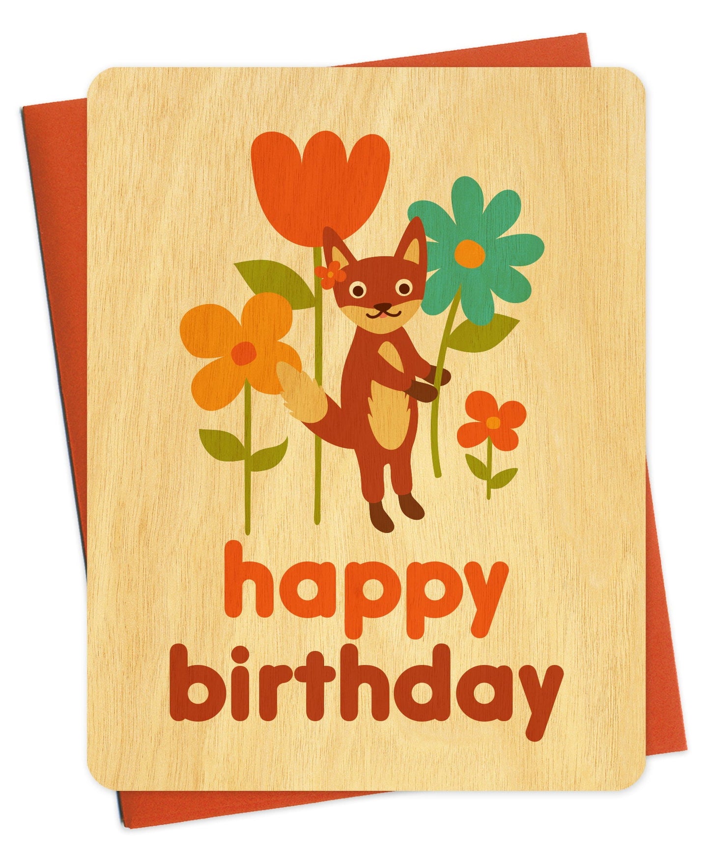 Fox Flowers Wood Birthday Card