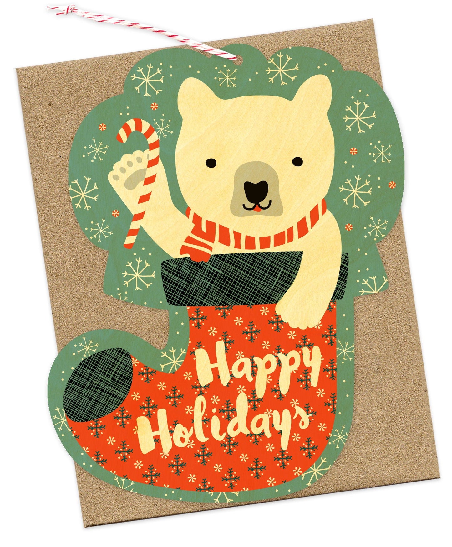 Bear Stocking Wood Holiday Card & Ornament