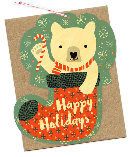 Bear Stocking Wood Holiday Card & Ornament