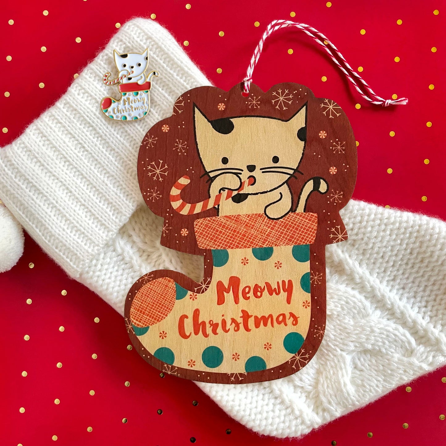 Kitty Stocking Wood Holiday Card & Ornament