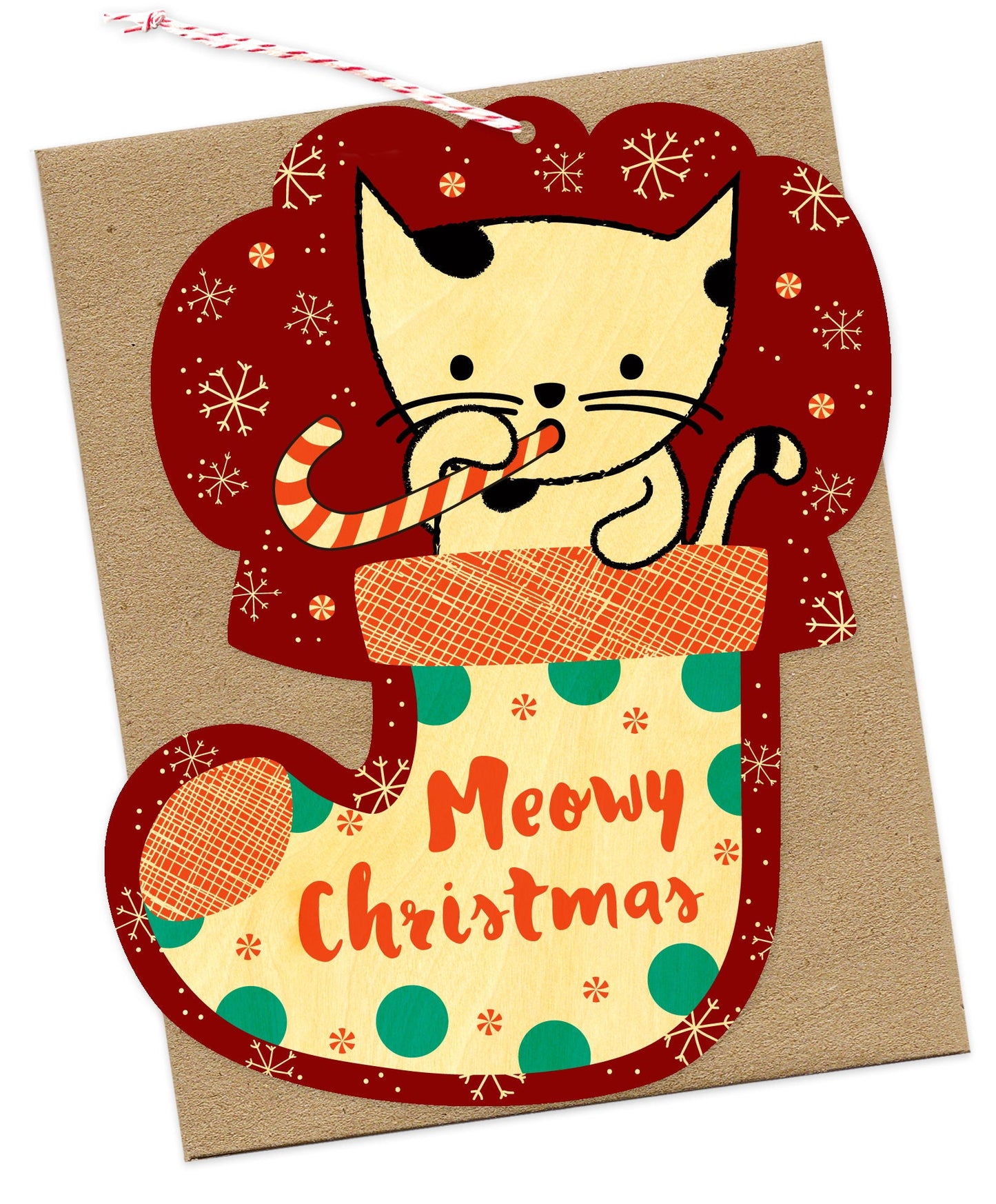 Kitty Stocking Wood Holiday Card & Ornament