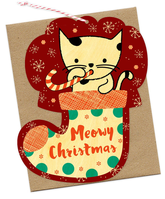 Kitty Stocking Wood Holiday Card & Ornament
