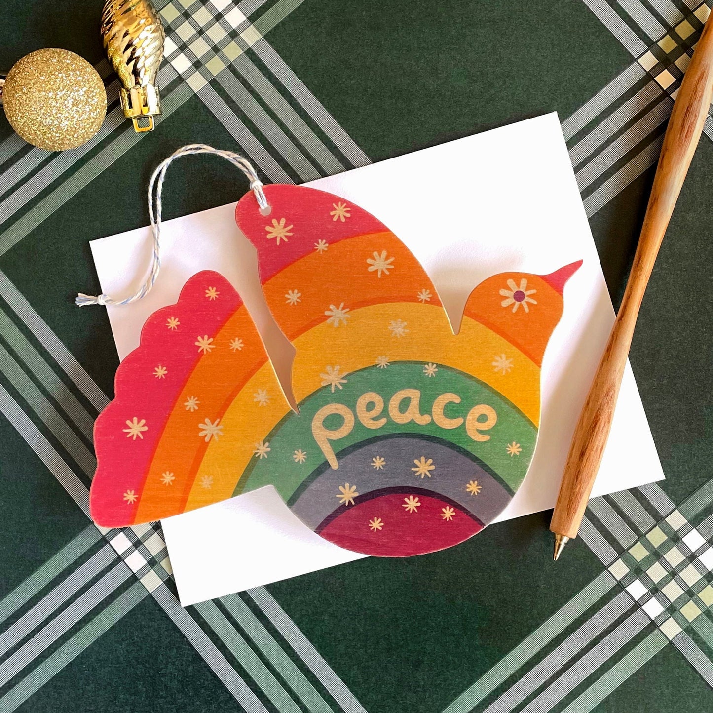 Rainbow Dove Wood Holiday Card & Ornament