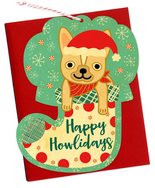 Dog Stocking Wood Holiday Card & Ornament