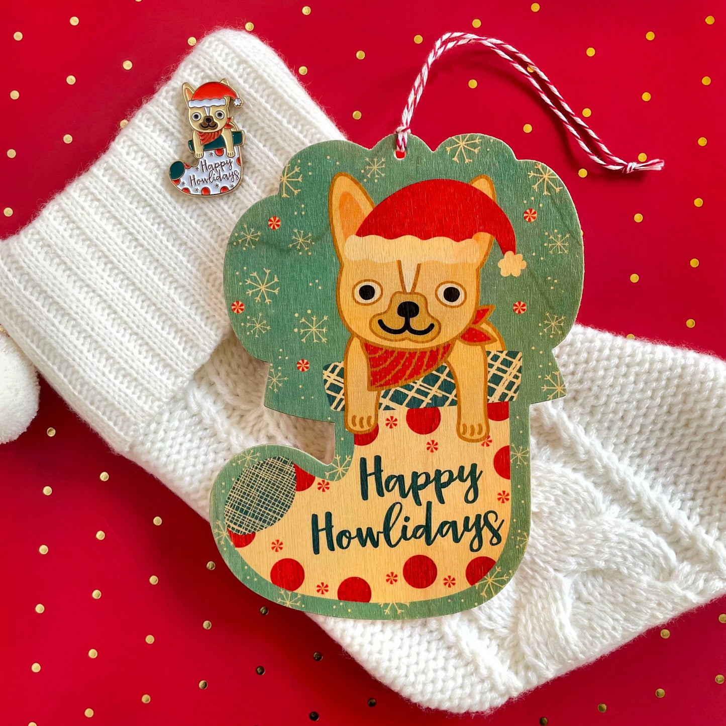 Dog Stocking Wood Holiday Card & Ornament