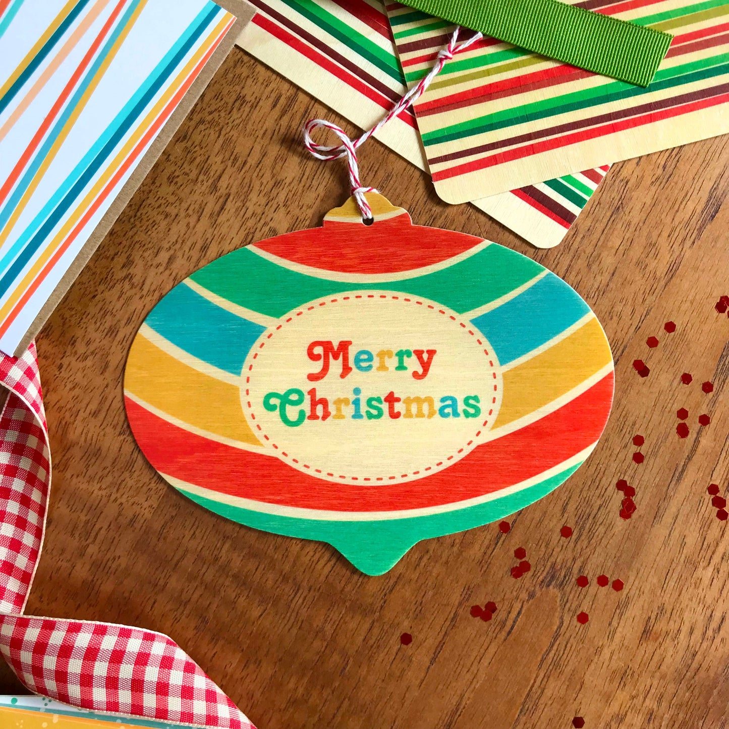 Merry Bulb Wood Holiday Card & Ornament