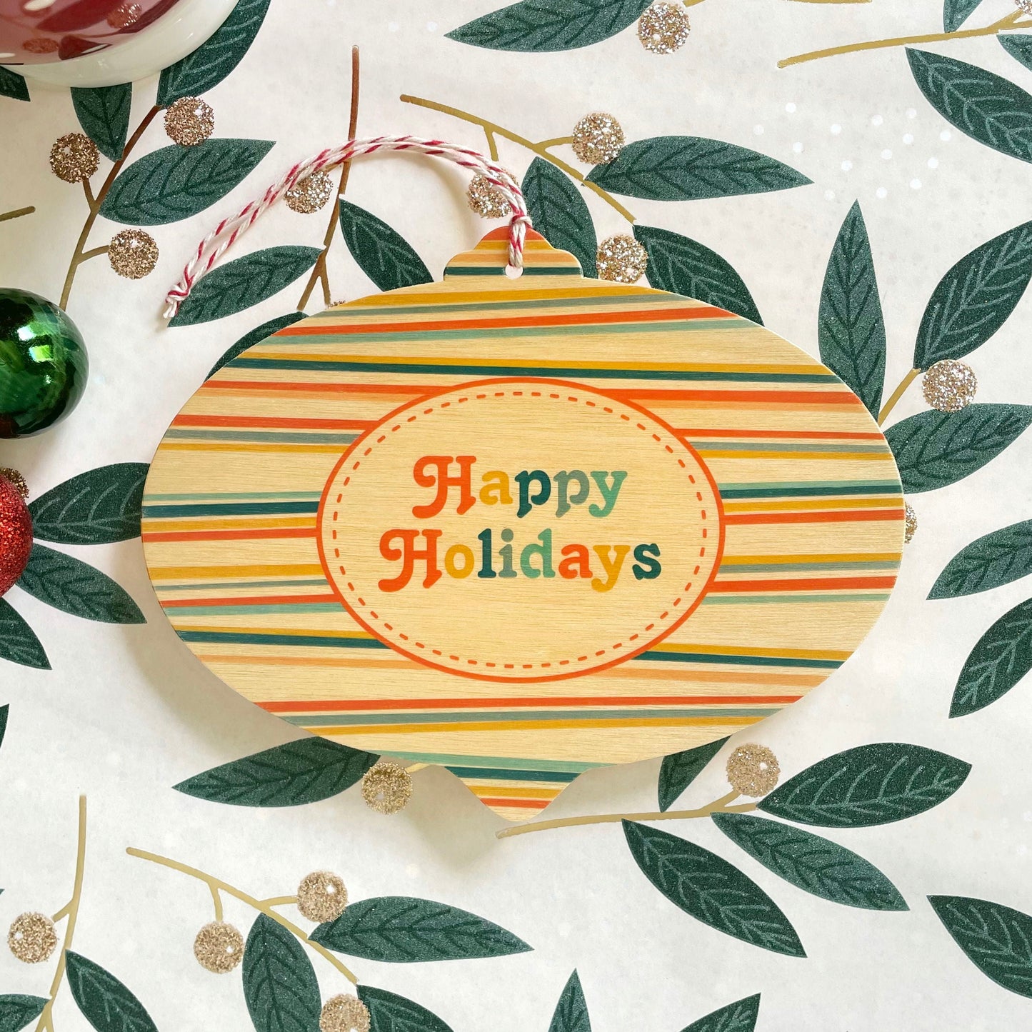 Happy Stripes Wood Holiday Card & Ornament