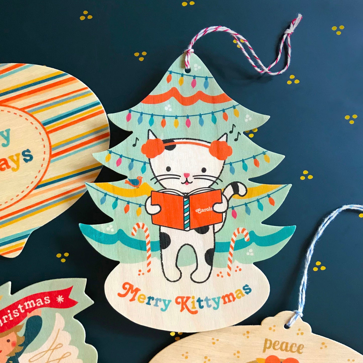 Kitty Carols Wood Holiday Card & Ornament