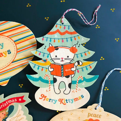Kitty Carols Wood Holiday Card & Ornament