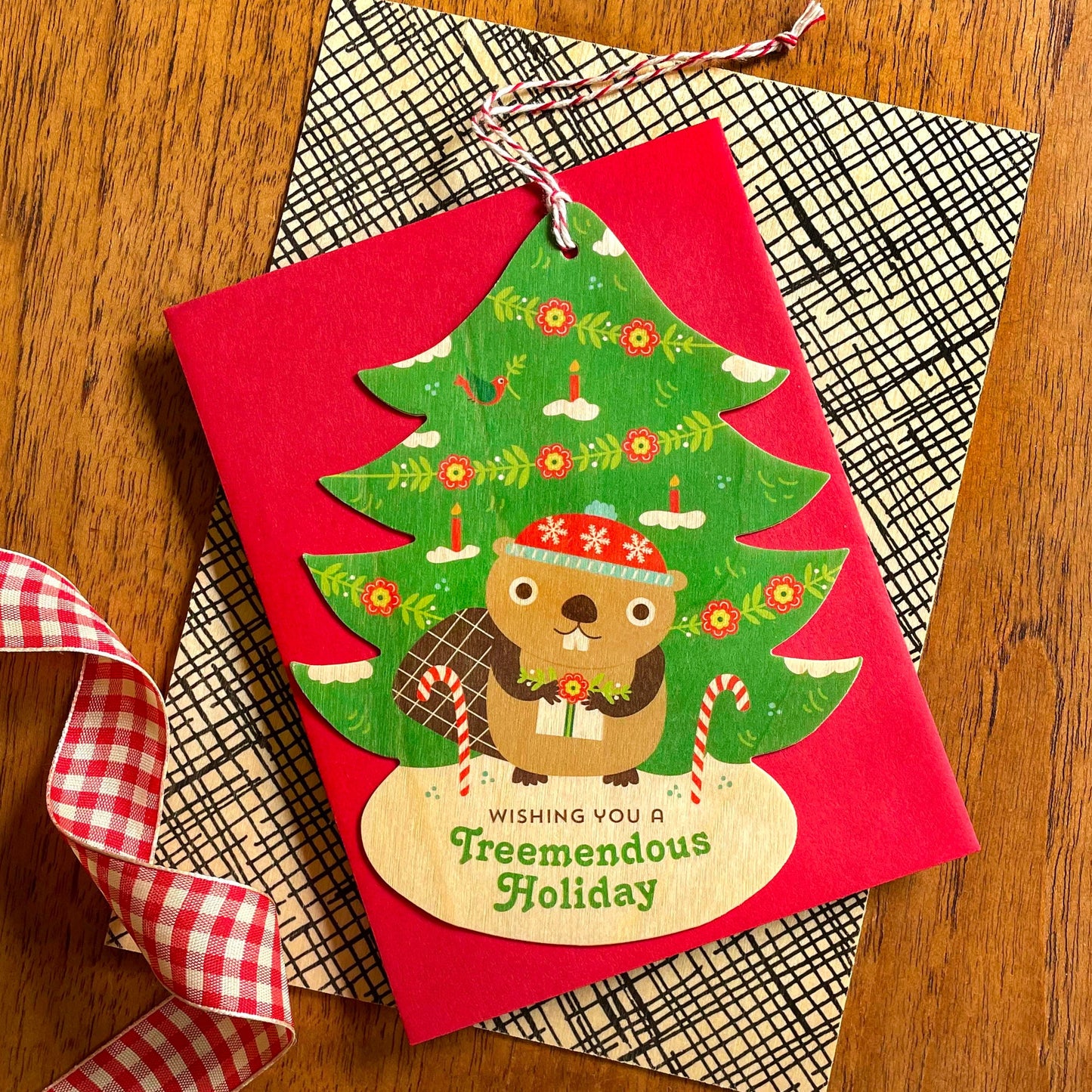 Treemendous Holiday Beaver Wood Holiday Card & Ornament
