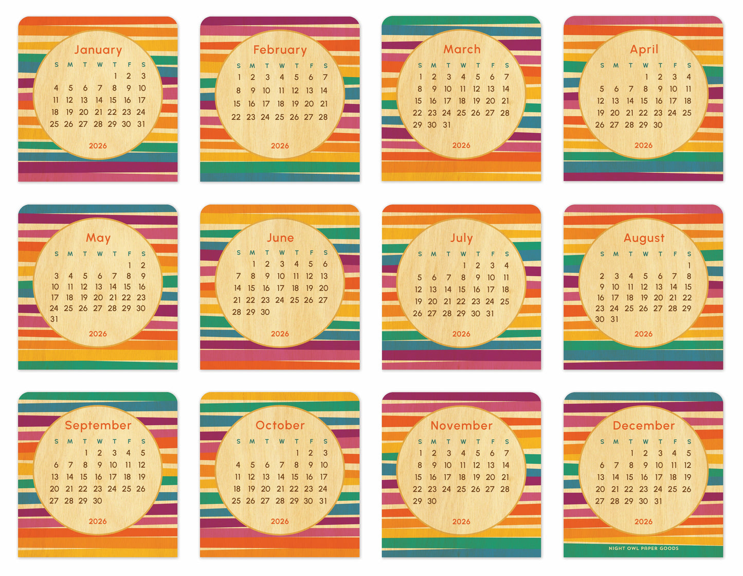 2026 Rainbow Stripes Mini Wood Desk Calendar