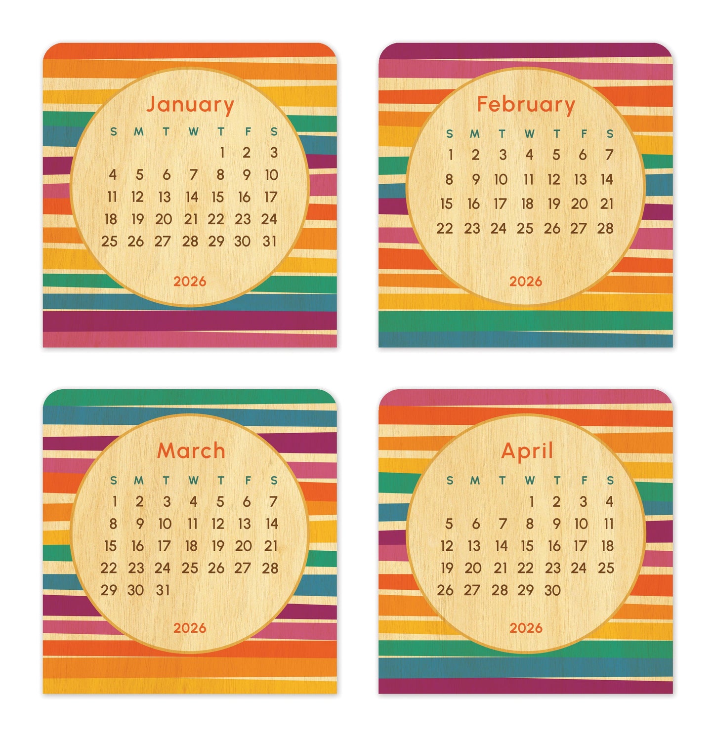 2026 Rainbow Stripes Mini Wood Desk Calendar