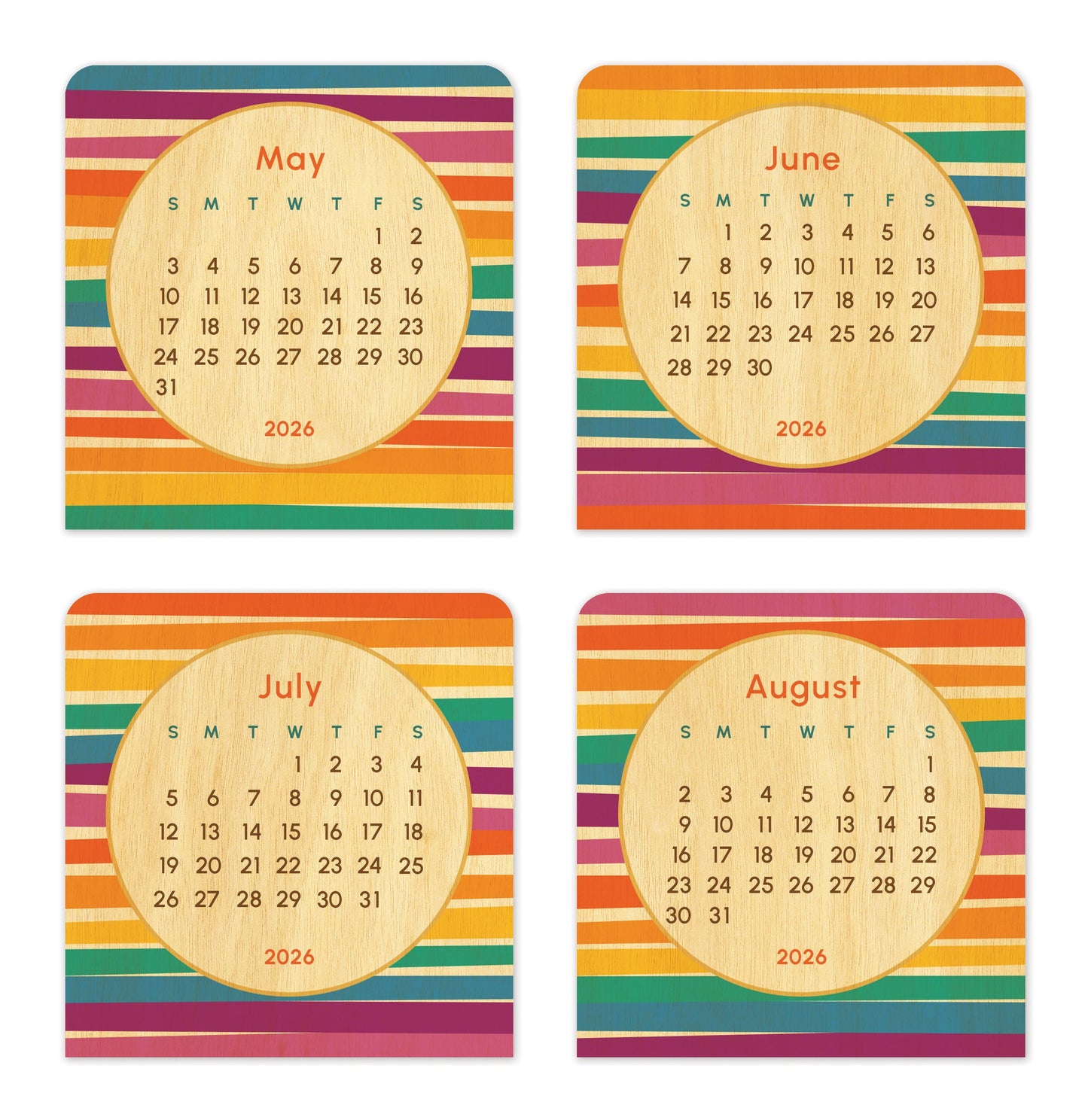 2026 Rainbow Stripes Mini Wood Desk Calendar