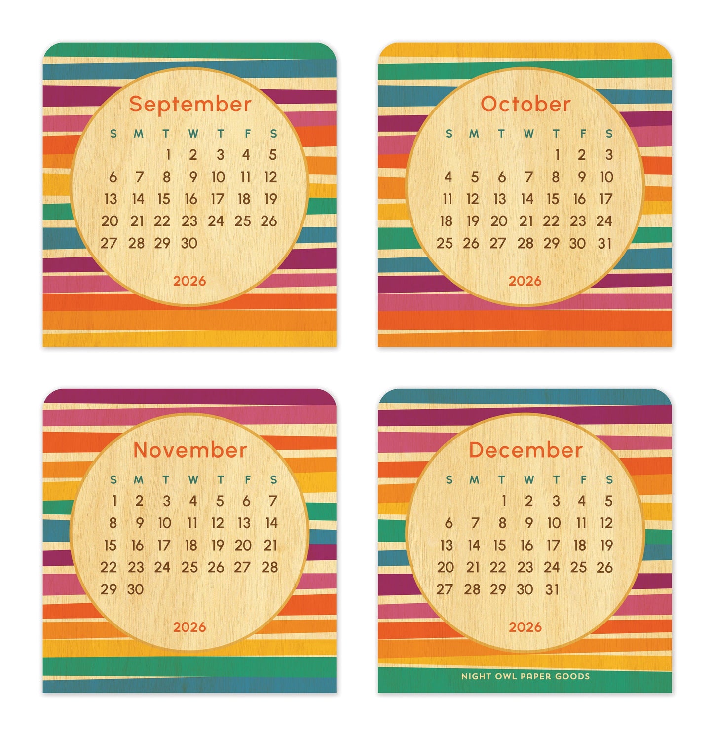 2026 Rainbow Stripes Mini Wood Desk Calendar