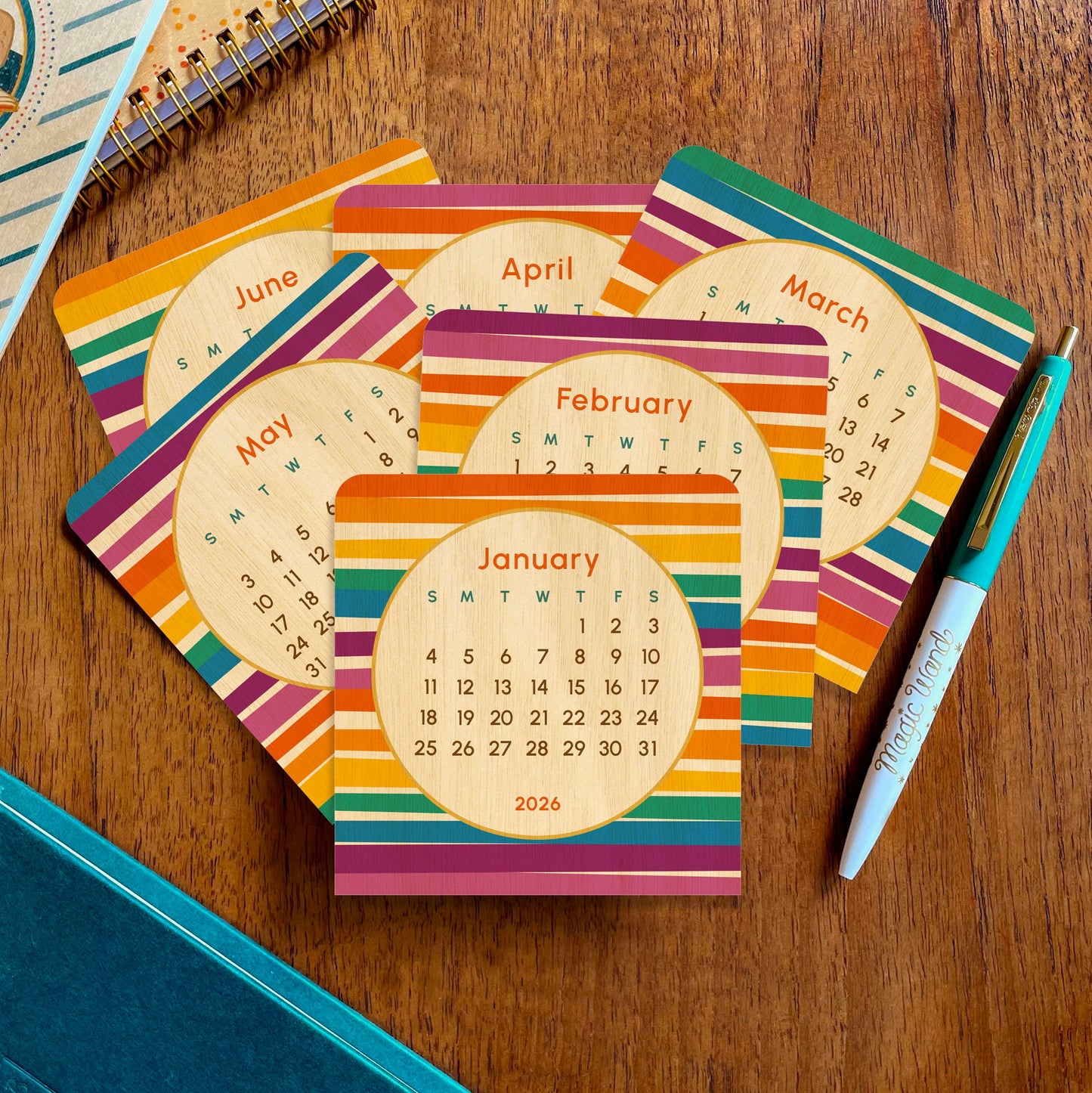 2026 Rainbow Stripes Mini Wood Desk Calendar
